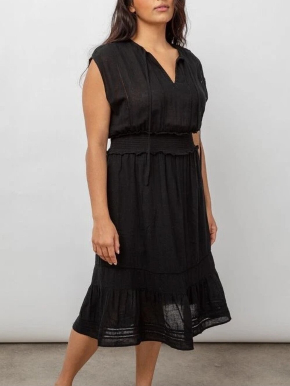 Rails Smocked Waist Black Linen Blend Midi Dress Large